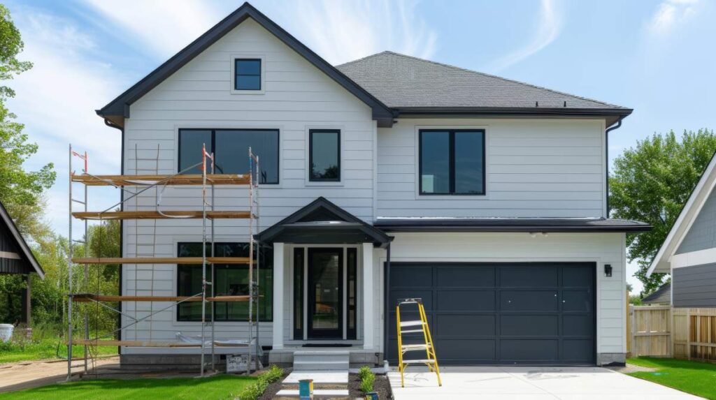 Homeowner comparing siding samples beside a house exterior with windows, trim, and roof details.