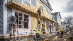 A homeowner scrapes peeling paint from weathered wood siding beside a window on a residential house.